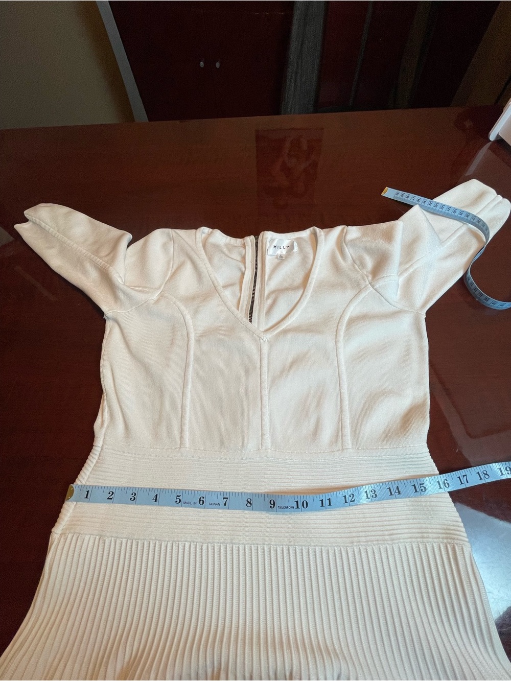 Milly White Fit and Flare Bandage Knit V-Neck Midi Dress Long Sleeve Size Large - Picture 8 of 13